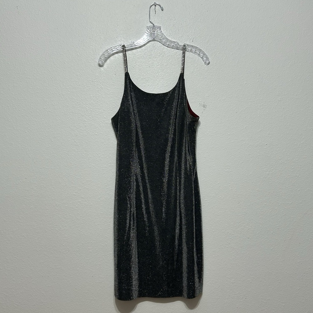 Dave & Johnny Black & Silver Metallic Mini Dress Rhinestone Straps Women's 13-14